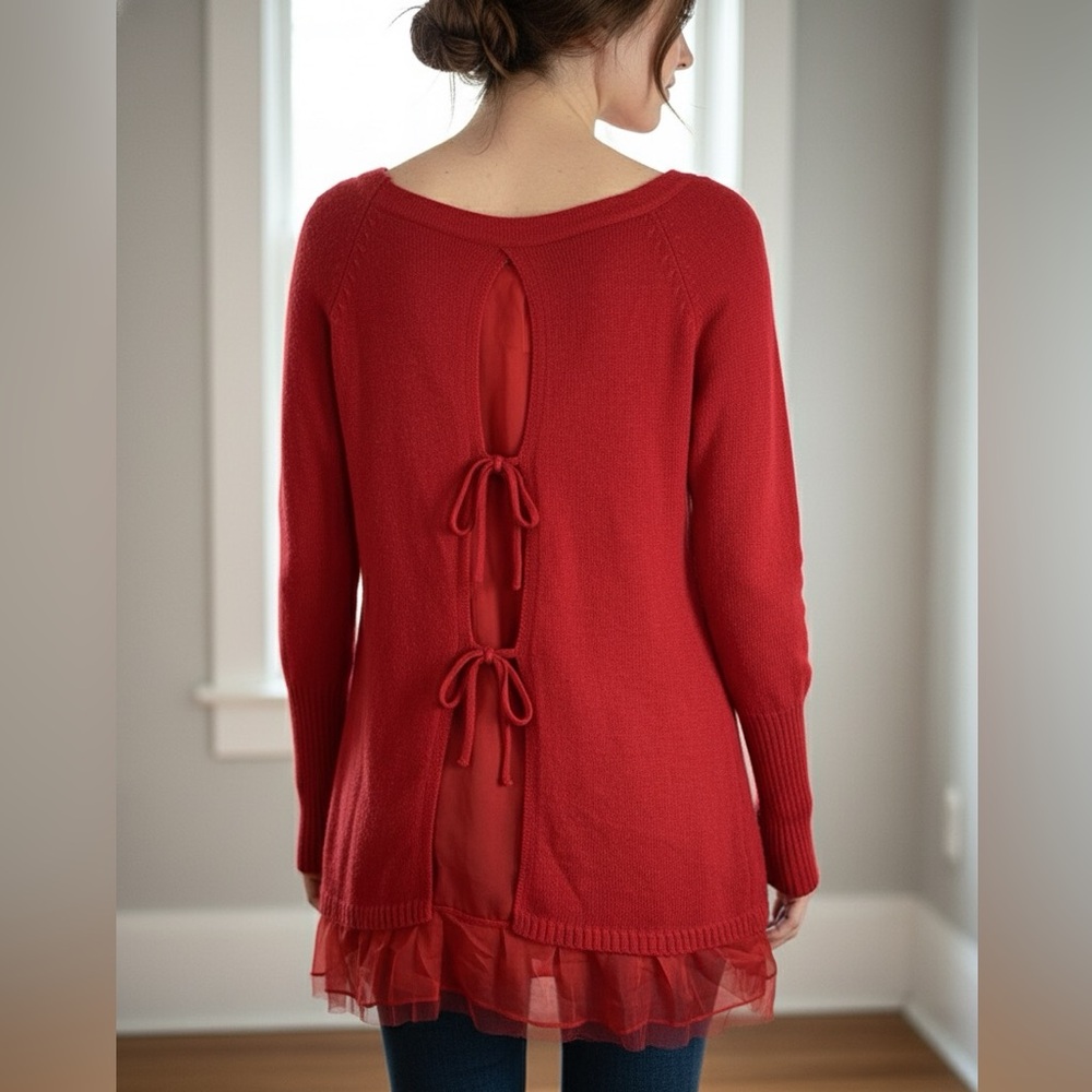 Anthropologie Knitted & Knotted Red Tie Back Tunic Sweater Ruffle Hem M